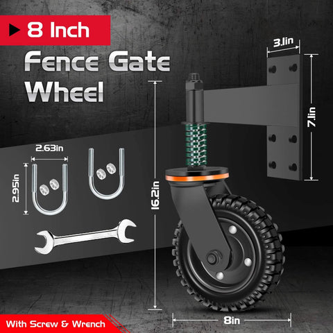 8 inch heavy duty fence gate wheel with spring loaded caster, dimensions showing 360 degree rotating gate wheel with hardware.