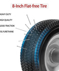 Close-up of a solid 8-inch flat-free tire with nails, highlighted for heavy-duty with good traction, polyurethane material, and high quality.