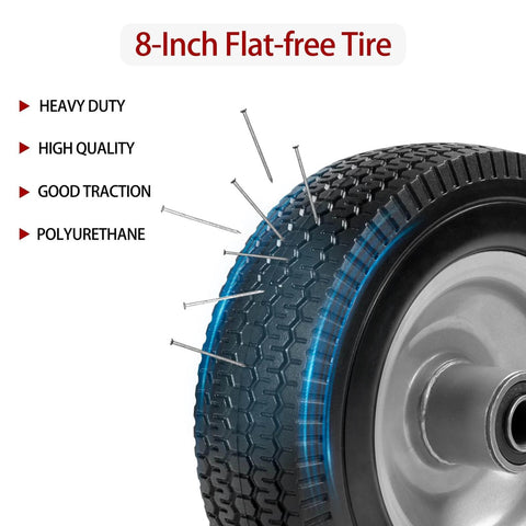 Close-up of a solid 8-inch flat-free tire with nails, highlighted for heavy-duty with good traction, polyurethane material, and high quality.