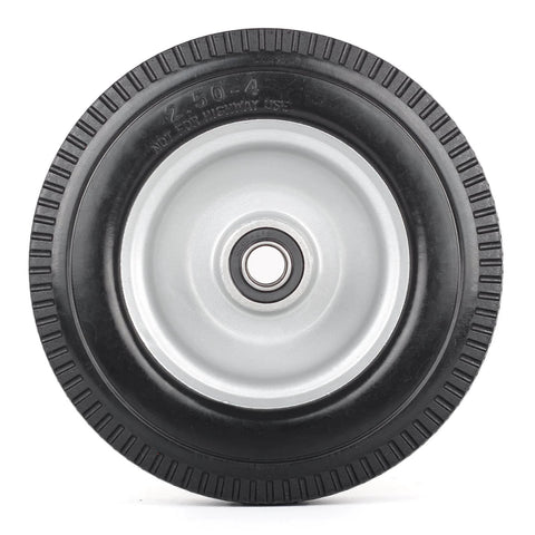 8-inch flat-free tire, 2.50-4 solid tire and wheel, 5/8" bearings, 2.2" offset hub for hand truck garden wagon trolley, front view