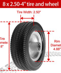8-inch solid tire replacement - 2.50-4 flat free tire and wheel heavy-duty for gorilla carts, yard tractors with dimensions labeled