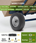 8 Inch Solid Wheel Replacement 2 Pack with 2.50-4 Flat Free Tire and Wheel on hand truck, showing included spacers and bearings