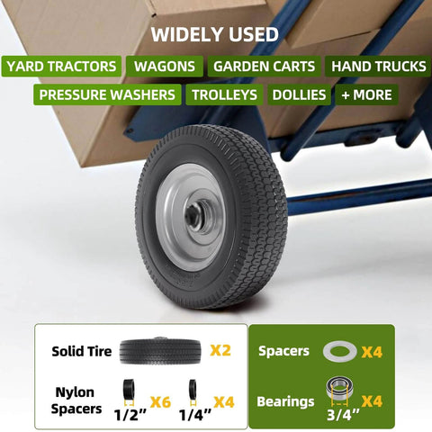 8 Inch Solid Wheel Replacement 2 Pack with 2.50-4 Flat Free Tire and Wheel on hand truck, showing included spacers and bearings