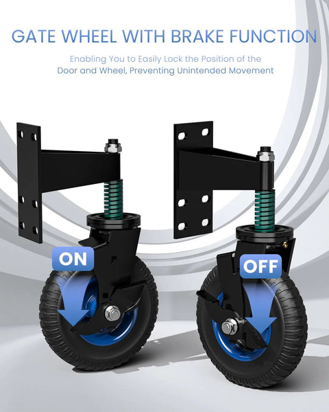 2 Pack 8 Inch Fence Gate Wheels With 360 Degree Rotation Spring Loaded Heavy Duty Gate Caster For Metal Tube Gates 550 Pound Capacity Rolling Gate Wheels Ideal For Smooth Operation On Farm Fence And Industrial Entrances, shown with brake function