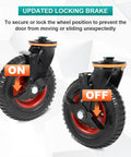 8 Inch Gate Wheel With Brake And 360 Degree Swivel Spring Loaded, locking brake mechanism showing on and off positions.
