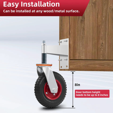 8 Inch Gate Wheel For Metal Tube Gates With 600Lb Capacity Heavy Duty Gate Caster Featuring 360 Degree Rotation And Spring Loaded Design installed on wooden gate with measurement indicators