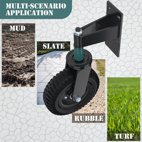 8 Inch Gate Wheel For Metal Tube And Wooden Gates, 15.4 Inch Height, Spring Loaded Heavy Duty Rubber Caster, 700 Lb Capacity, Steel Bracket With Durable Polymeric Rollers