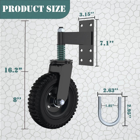 8 Inch Gate Wheel For Metal Tube And Wooden Gates, 15.4 Inch Height, Spring Loaded Heavy Duty Rubber Caster, 700 Lb Capacity