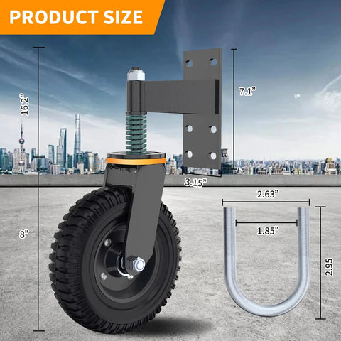 8 Inch Heavy Duty Gate Wheel With Solid Rubber Tire And Shock Absorbing Springs, 750 Lb Weight Capacity, Corrosion And Rust Resistant, Ideal For Wood Gates And Metal Pipe Gates, Yellow Upgrade, with dimensions.