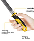 Durable 8 inch half round file crafted from premium T12 carbon steel with 62-66 HRC hardness, held in hand, showing grip features