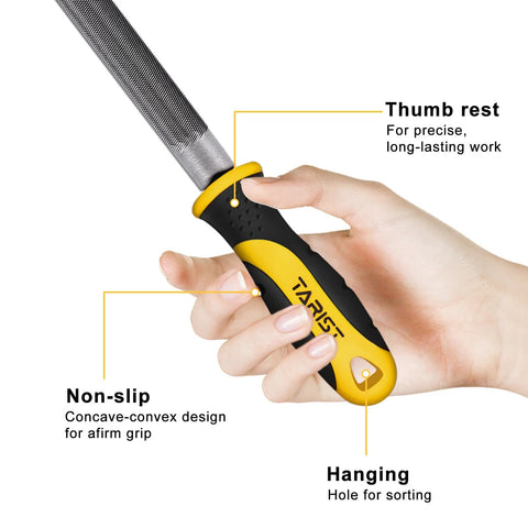 Durable 8 inch half round file crafted from premium T12 carbon steel with 62-66 HRC hardness, held in hand, showing grip features