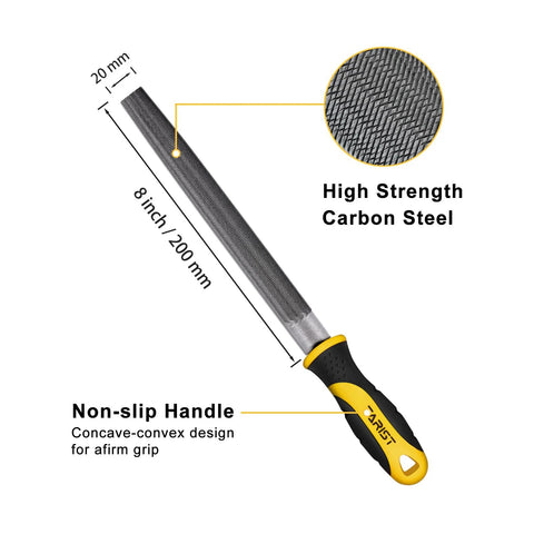 Durable 8 inch half round file crafted from premium T12 carbon steel with 62-66 HRC hardness, featuring a non-slip handle
