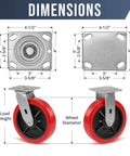 Diagram showing dimensions of 8 Inch Industrial Caster Set Of 4 With Polyurethane On Polypropylene Wheels, Heavy Duty Casters.