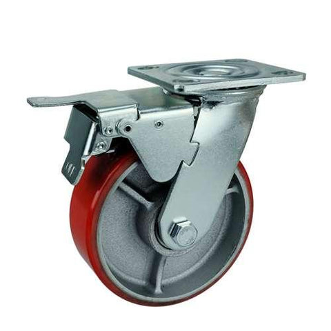 8" Inch Heavy Duty Caster Wheel 1190 pounds Swivel and Upper Brake Cast Iron and Polyurethane Top Plate - VXB Ball Bearings