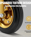 Close-up of 8 inch heavy duty plate casters set of 4 with dual locking brakes, industrial rubber wheels rated 3200 lbs.