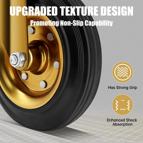 Close-up of 8 inch heavy duty plate casters set of 4 with dual locking brakes, industrial rubber wheels rated 3200 lbs.