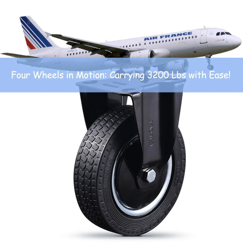 8 Inch Heavy Duty Caster Wheels Set Of 4 With 2 Swivel And 2 Fixed Industrial Rubber Casters 3200 Lbs Capacity For Utility Carts Workbenches Warehouse Equipment Trucks And Dolly Includes Mounting Hardware, showing a close-up of a caster wheel with textured rubber and metal frame, airplane above for scale.