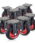 8 inch caster wheels set of 8 with heavy duty fixed plate design, all-terrain casters featuring knobby rubber tread, front view.