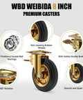 8 inch heavy duty plate casters set of 4 with dual locking brakes, industrial rubber wheels rated 3200 lbs, shown with features.