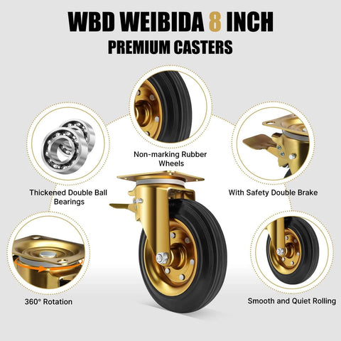 8 inch heavy duty plate casters set of 4 with dual locking brakes, industrial rubber wheels rated 3200 lbs, shown with features.