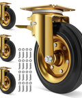 Close-up of 8 inch heavy duty plate casters set of 4 with dual locking brakes and industrial rubber wheels rated 3200 lbs.