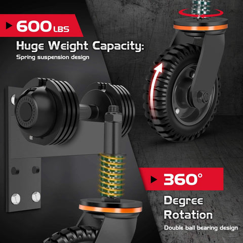 8 inch heavy duty fence gate wheel with spring loaded caster, showing 360 degree rotation and 600 lb capacity design.
