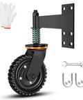 8 inch heavy duty fence gate wheel with spring loaded caster, mounted on a bracket, components include gloves and tools.