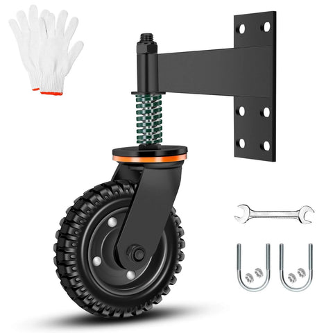 8 inch heavy duty fence gate wheel with spring loaded caster, mounted on a bracket, components include gloves and tools.