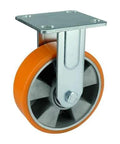 8" inch Heavy Duty Caster Wheel 1543 Lbs Fixed Aluminium - PU - Top Plate Mount with orange wheel and metallic core.