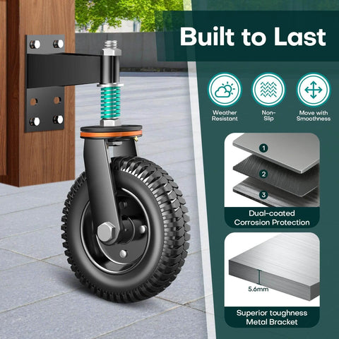 Close-up of 8 inch heavy duty fence gate wheel anti sag support with spring loaded gate caster, dual mount options for stability.
