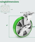 8 inch Heavy Duty industrial grade caster set of 4 with swivel casters and brakes showing detailed dimensions and design.