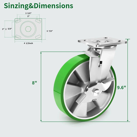 8 inch Heavy Duty industrial grade caster set of 4 with swivel casters and brakes showing detailed dimensions and design.
