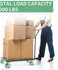 Man using a trolley with 8 inch Heavy Duty industrial grade caster set of 4 with swivel casters and brakes, maintenance-free aluminum core PU wheels rated 6000 LBS for industrial equipment.