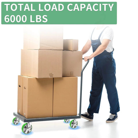 Man using a trolley with 8 inch Heavy Duty industrial grade caster set of 4 with swivel casters and brakes, maintenance-free aluminum core PU wheels rated 6000 LBS for industrial equipment.