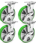 8 inch Heavy Duty industrial grade caster set of 4 with swivel casters and brakes, maintenance-free aluminum core PU wheels rated 6000 LBS for industrial equipment