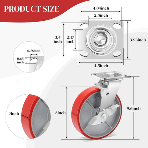 Dimensions of the 8 inch heavy duty industrial locking casters set of 4 with polyurethane swivel plate design.