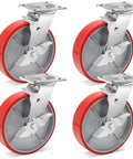 8 inch heavy duty industrial locking casters set of 4 with polyurethane swivel plate design, red wheels and brakes.