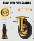 8 inch heavy duty plate casters set of 4 with dual locking brakes, industrial rubber wheels rated 3200 lbs, detailed view showing dimensions.