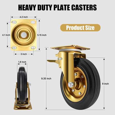8 inch heavy duty plate casters set of 4 with dual locking brakes, industrial rubber wheels rated 3200 lbs, detailed view showing dimensions.