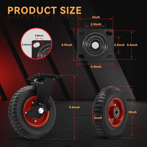 8 inch Heavy Duty Rubber Caster wheels set of 4, product size diagram showing dimensions of outdoor industrial swivel casters.