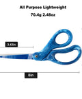 All Purpose 8 Inch Heavy Duty Scissors For Office Crafting And DIY Projects Cutting Paper Fabric Stainless Steel With Ergonomic Comfort Grip Gradient Blue displayed with dimensions.