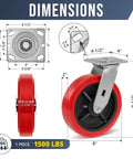 8 Inch Industrial Caster Set Of 4 With Polyurethane On Polypropylene Wheels, side and front view with dimensions.