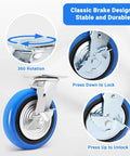 Close-up of 8 inch heavy duty caster wheels set of 4 rated 6000 lb total with smooth rolling design industrial polyurethane wheels, brake details