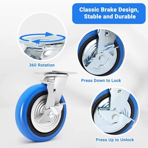 Close-up of 8 inch heavy duty caster wheels set of 4 rated 6000 lb total with smooth rolling design industrial polyurethane wheels, brake details