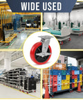 Collage showing 8 Inch Industrial Caster Set Of 4 With Polyurethane On Polypropylene Wheels, Heavy Duty Casters in various industrial uses