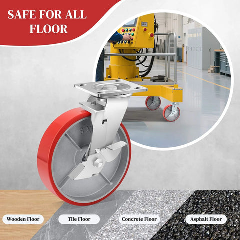 8 inch heavy duty industrial locking casters set of 4 with polyurethane swivel plate design on various floor types