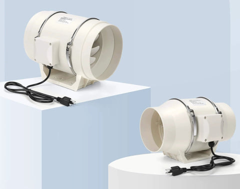 Side view of the Beast 8 Inch Inline Duct Fan with 740 CFM High Flow Ventilation Exhaust Blower on a white stand with power cord.