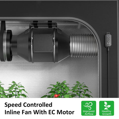 High Flow 8 Inch Inline Duct Fan With 831 CFM EC Motor And 10 Speed External Controller For Grow Tents Basements Attics And HVAC Boosters Ultra Quiet 50 dBA Ventilation Exhaust For Heating Cooling Circulation installed in grow tent