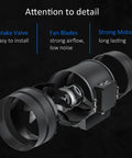 High Flow 8 Inch Inline Duct Fan With 831 CFM EC Motor And 10 Speed External Controller For Grow Tents Basements Attics And HVAC Boosters Ultra Quiet 50 dBA Ventilation Exhaust For Heating Cooling Circulation shown with focus on intake valve, fan blades, and strong motor.