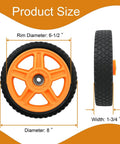 Product dimensions of 8 Inch Lawn Mower Wheels for Push Mowers, Plastic PU Wheels with Bolts & Nuts, 8x1-3/4 Size, side and front view.